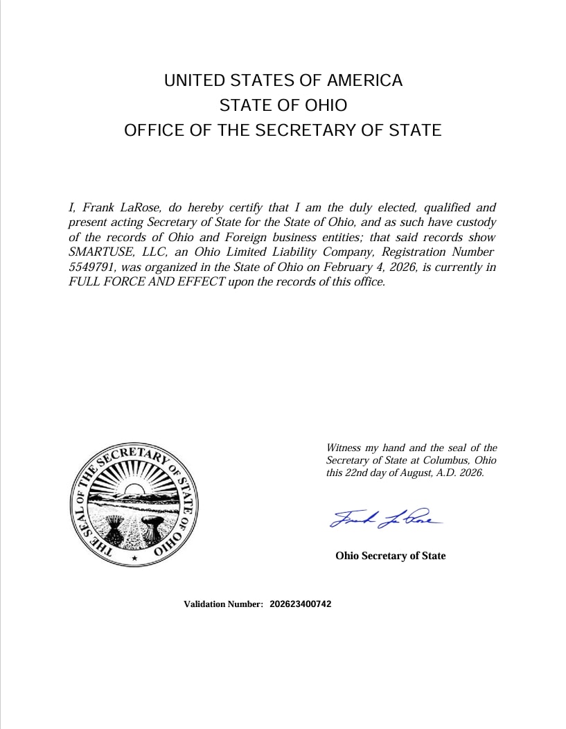 Ohio Certificate of Good Standing for SmartUse LLC, signed by Ohio Secretary of State Frank LaRose, August 22, 2026 — display only, not for reproduction